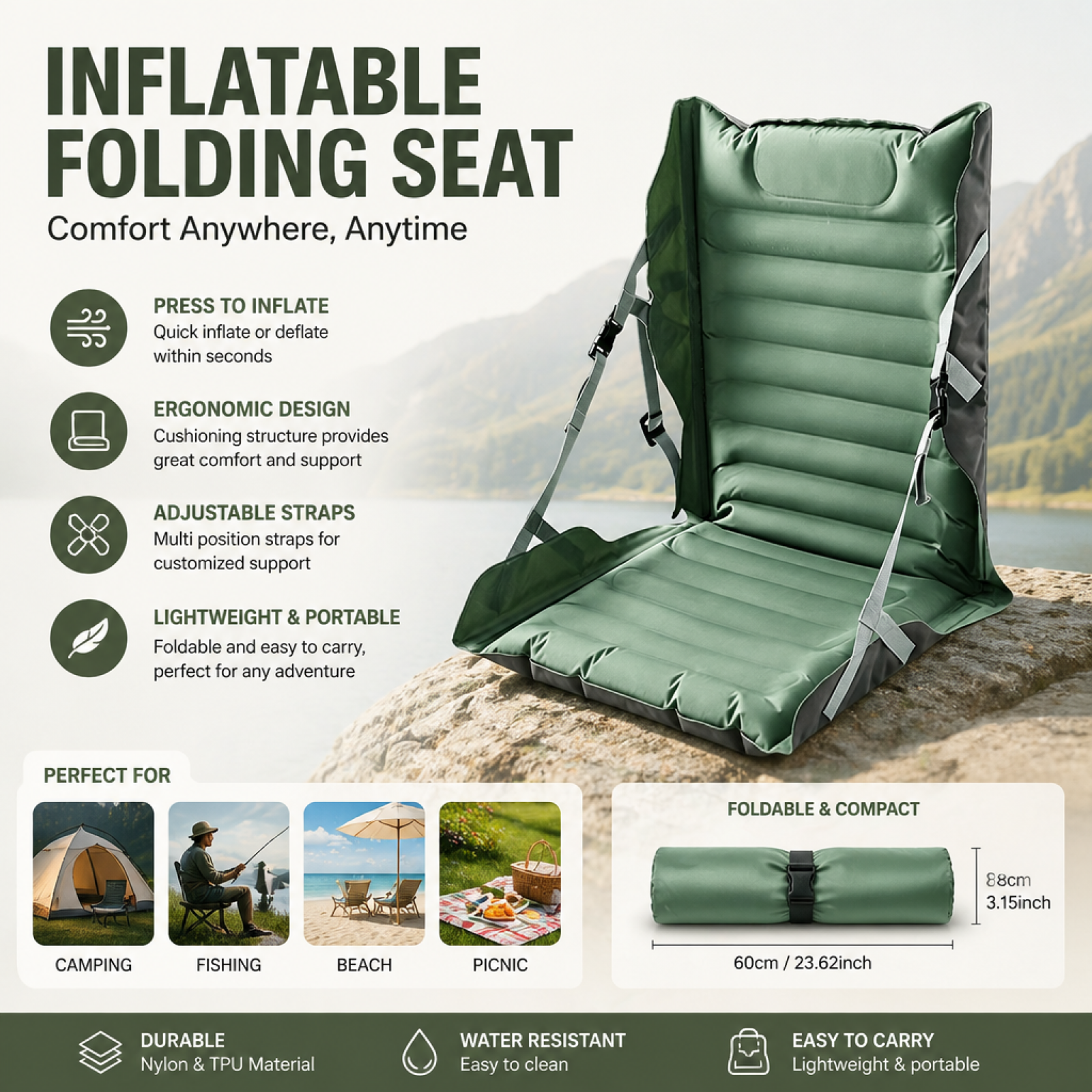 Outdoor Furniture Cushions - Inflatable Folding Seat Cushion with Back